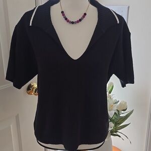 SONOMA BRAND WOMEN'S PETITE BLACK & WHITE COLARED SHORT SLEEVES SWEATER TOP PL